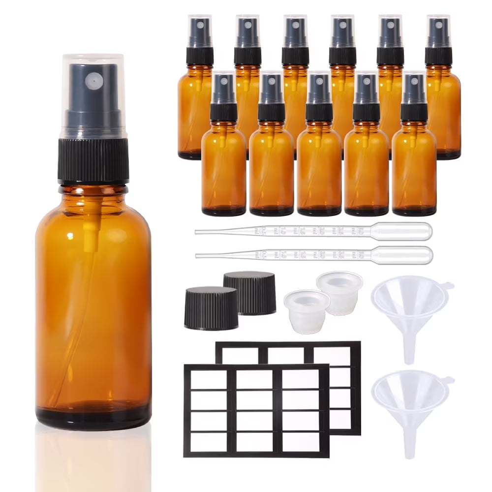 1oz Amber Glass Spray Bottles for Essential Oils, Small Empty Spray Bottle, Fine Mist Spray (12 Pack)