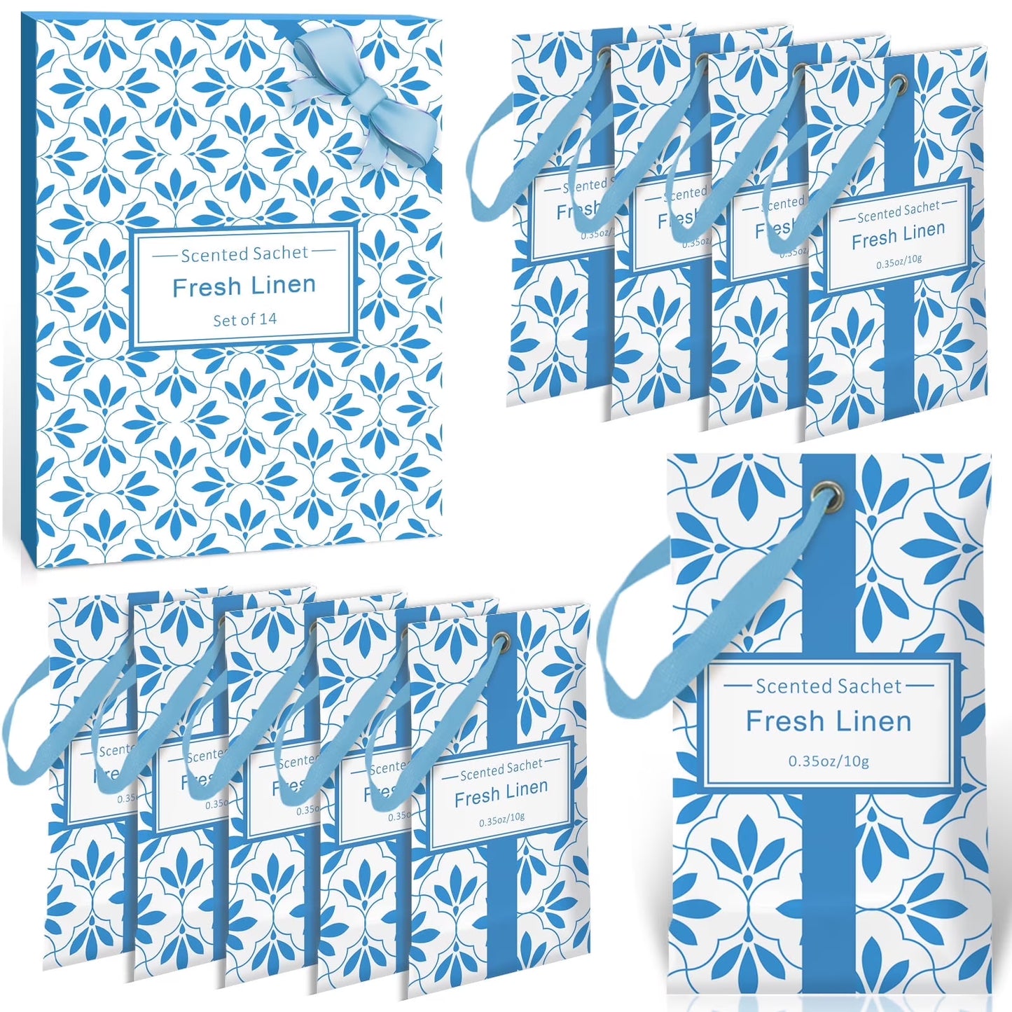 SCENTORINI Fresh Linen Scented Sachet, 14 Packs Long-Lasting Air Freshener Bags for Drawers, Closets, Cars